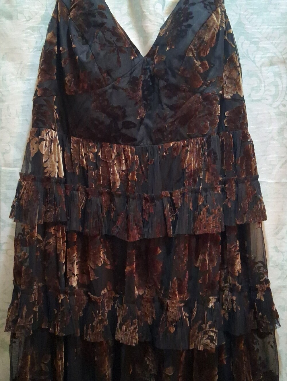 NWT Azazie Cammy Ruffle Layered Floral Maxi Gown Coco Brown Womens Plus Size 24 - Picture 5 of 10